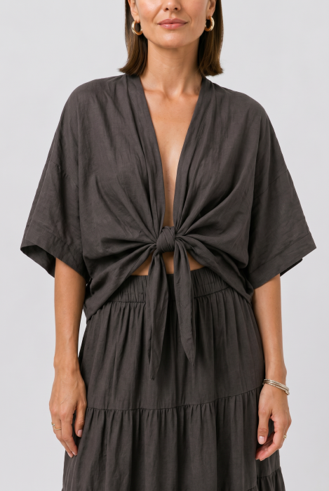 Blazer tip kimono din bumbac fin cu inchidere prin innodare, maro