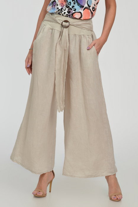Pantaloni drepi, largi, de vara, din in, cu accesoriu de lemn, bej