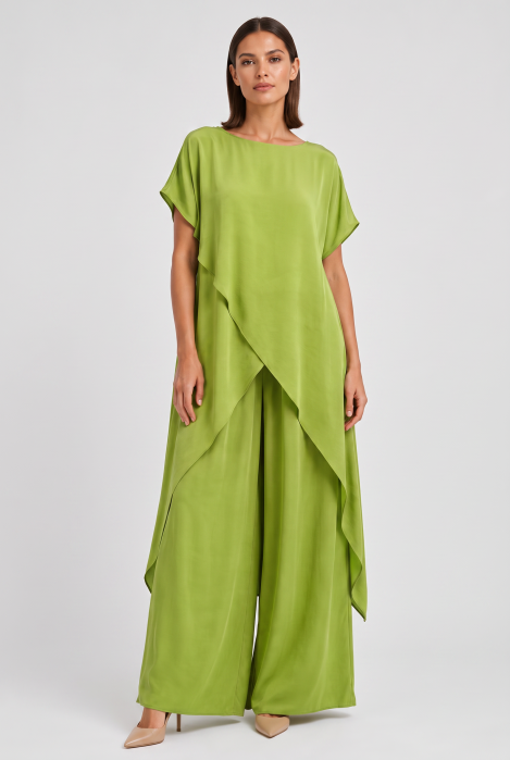 Compleu dama elegant din vascoza cu tunica asimetrica si pantaloni palazzo, verde olive