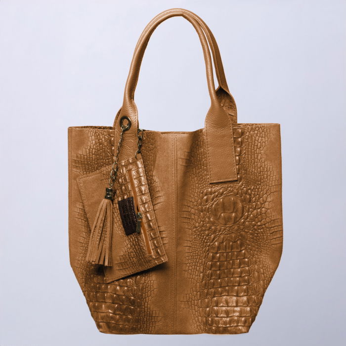 Geanta Shopika Camel Piele Intorsata & Portofel