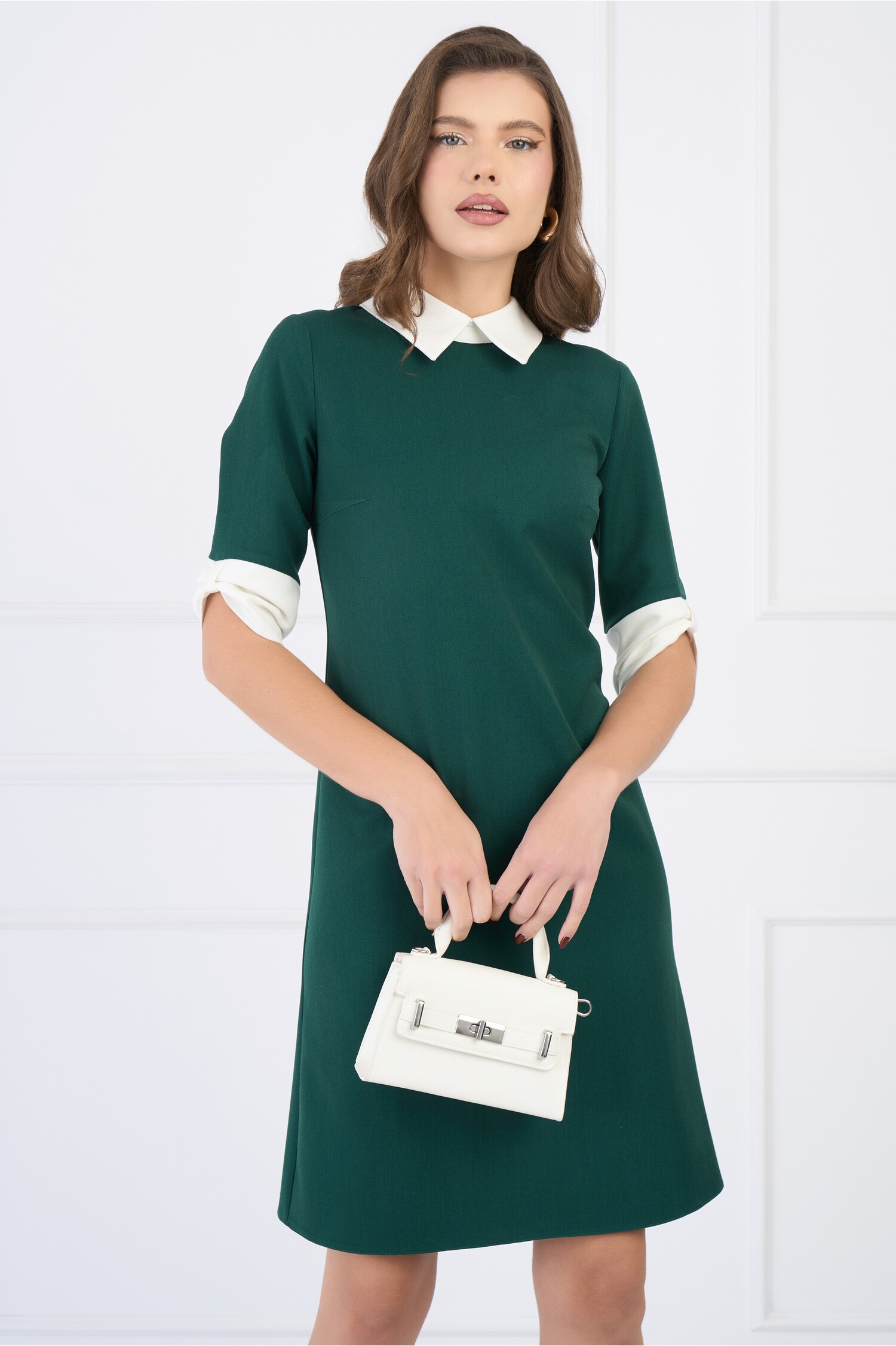 Rochie Office Verde DY Fashion cu Guler Fundiță