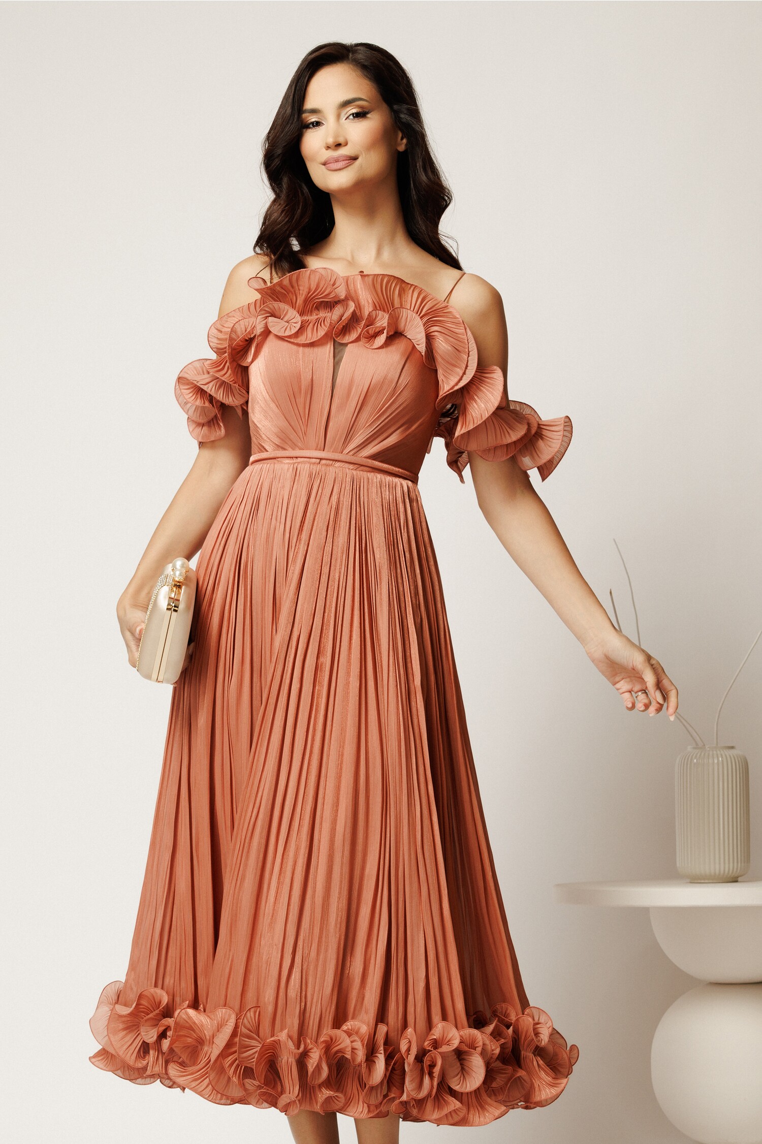Rochie Midi Somon Elegantă Cununie Civilă | Voal Satinat