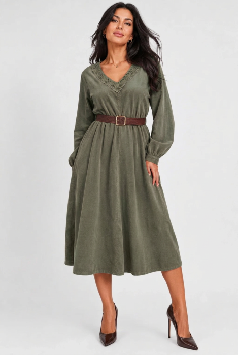 Rochie midi din catifea reiata de bumbac cu dantela si curea, kaki