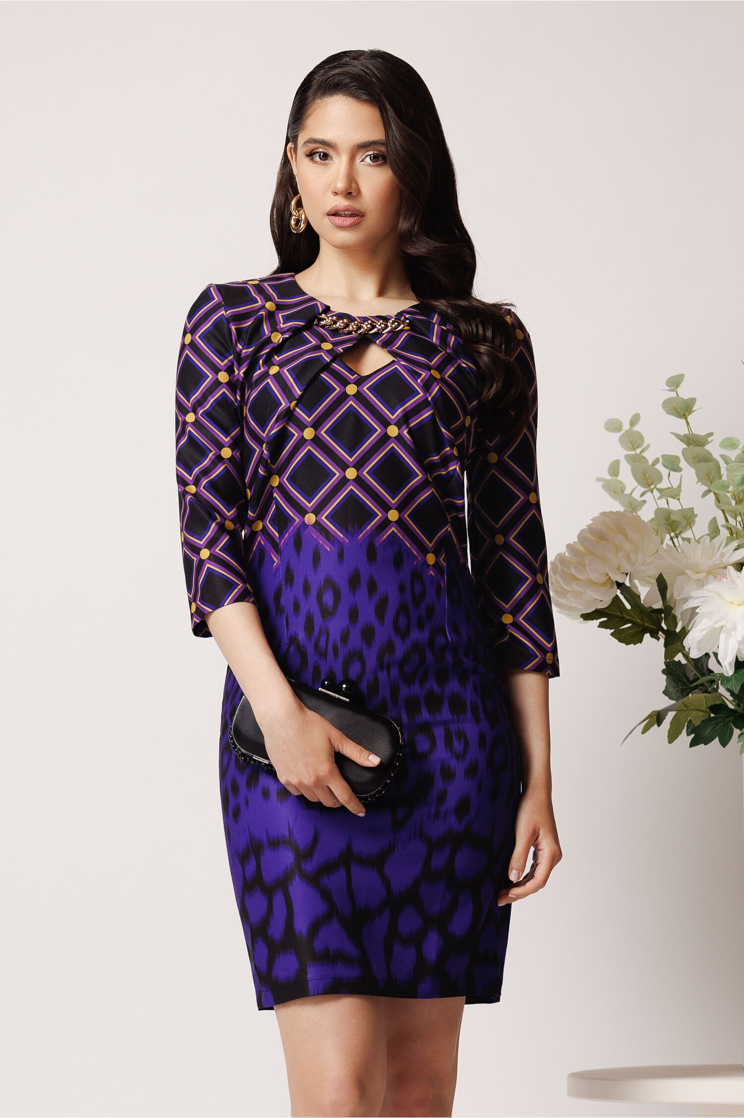 Rochie Stofa Mov Eleganta cu Imprimeuri si Pliuri