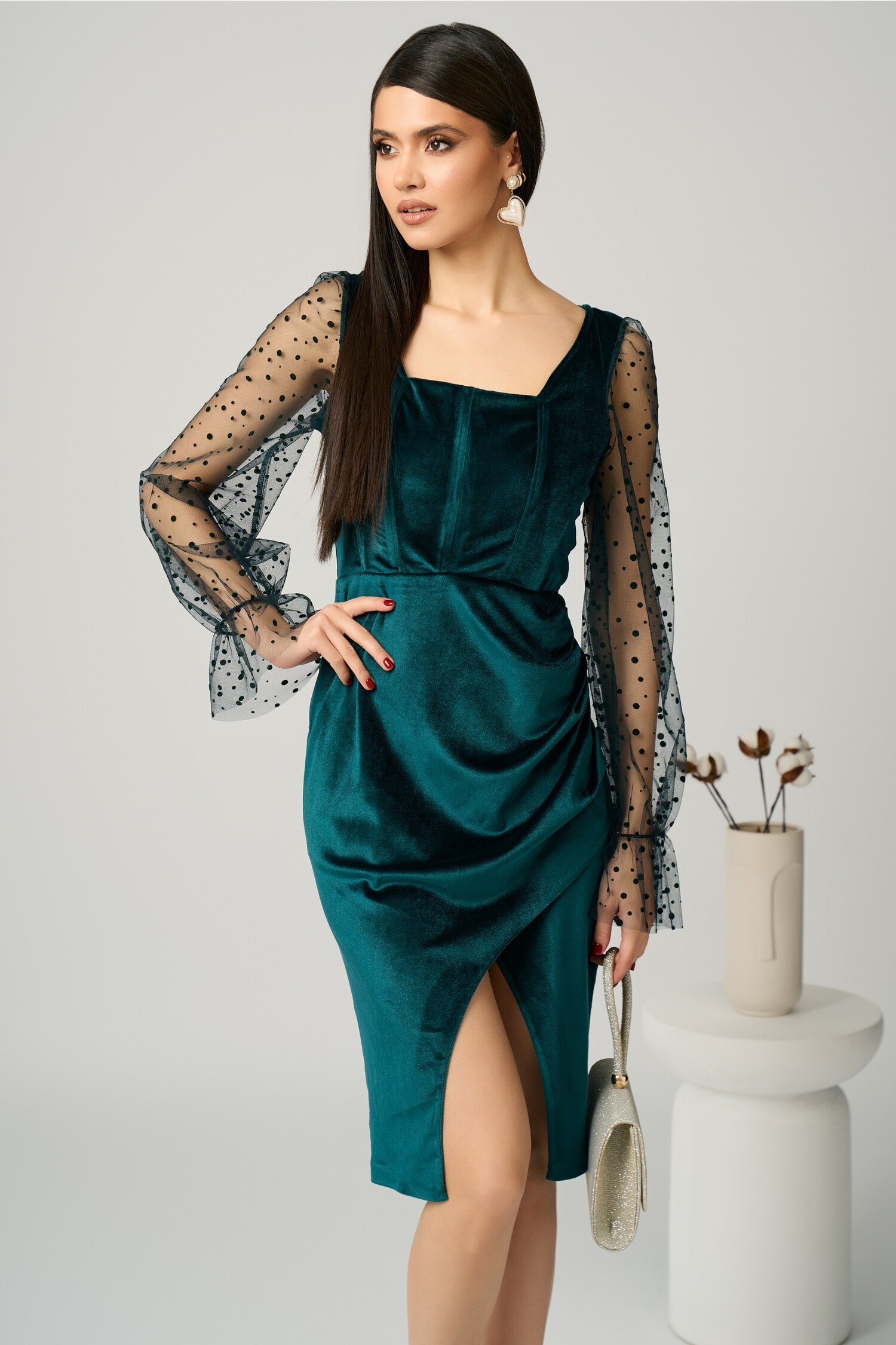 Rochie catifea verde elegantă - Rochii de ocazie