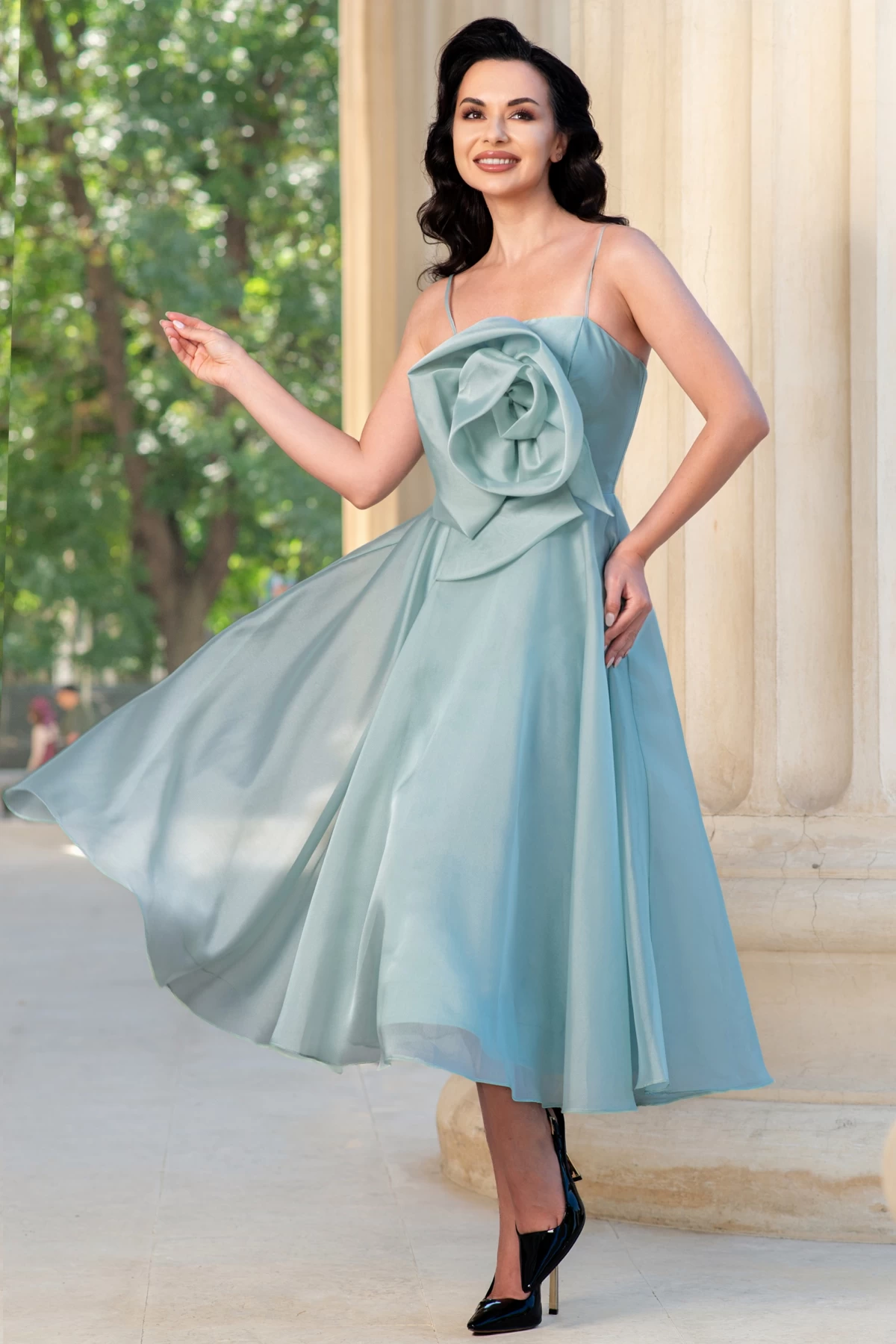 Rochie eleganta mint din organza Catherine cu floare maxi