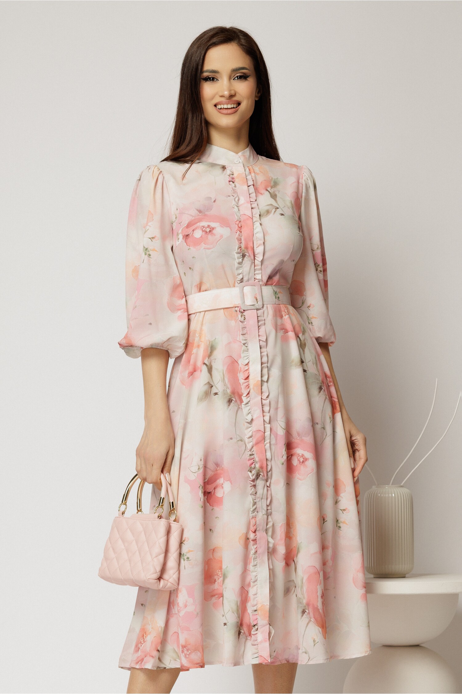 Rochie DY Fashion Midi Roz cu Imprimeu Floral și Maneci Bufante