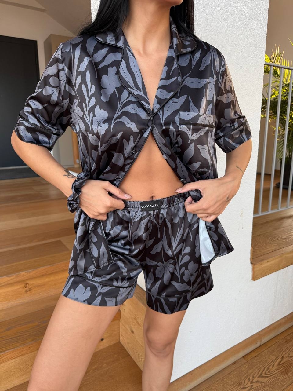 Pijama 2 piese Delis, Noir Blossom, satin sidefat - imagine 6