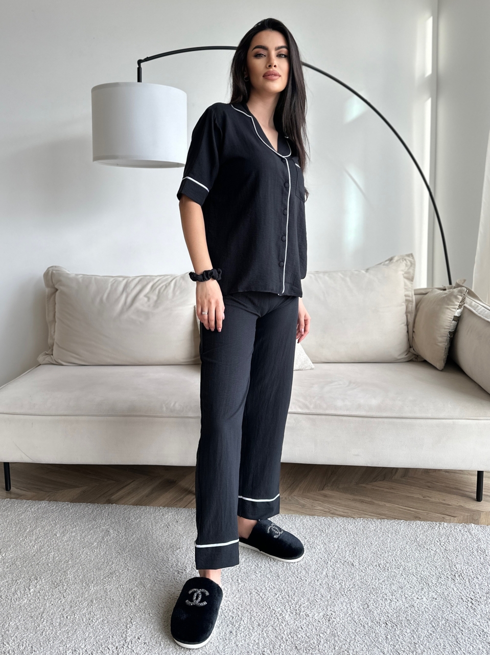 Set Pijama Dama 2 Piese Delis cu Nasturi - Negru - imagine 4