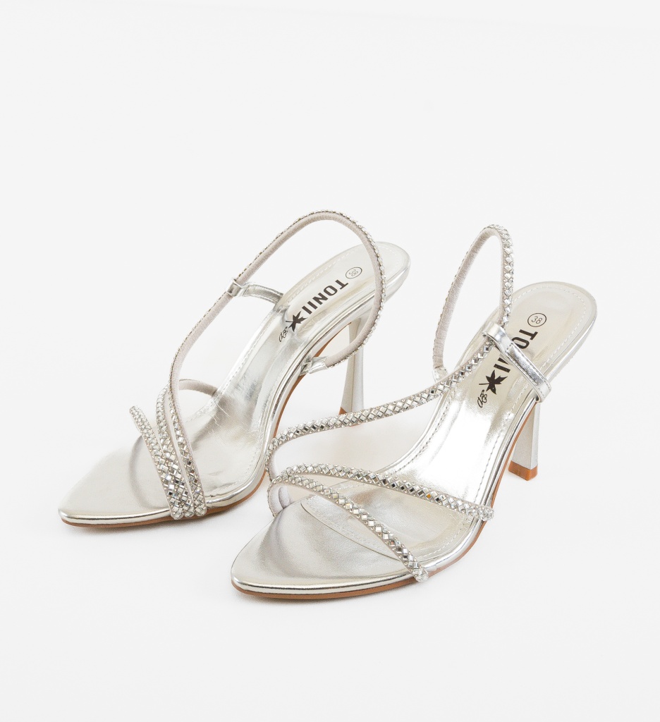 Sandale Dreska Argintii Elegante cu Toc - imagine 6
