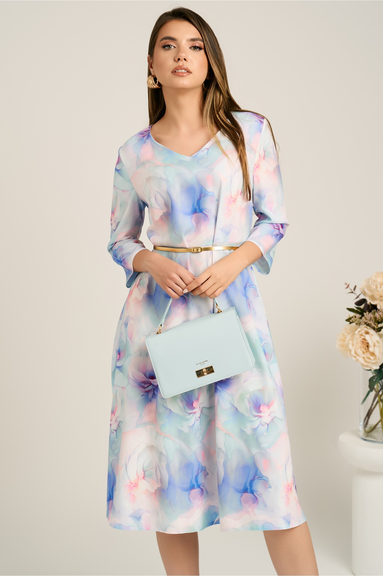 Rochie Midi Turcoaz cu Flori și Curea