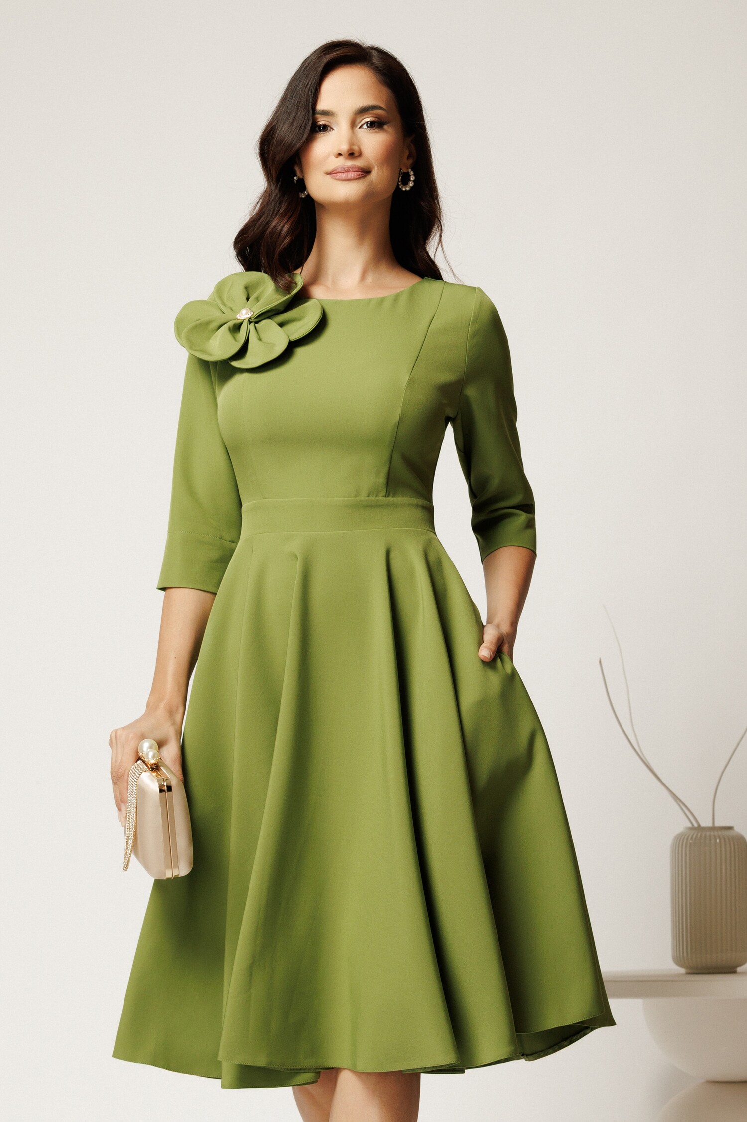 Rochie DY Fashion Verde Olive Midi cu Floare