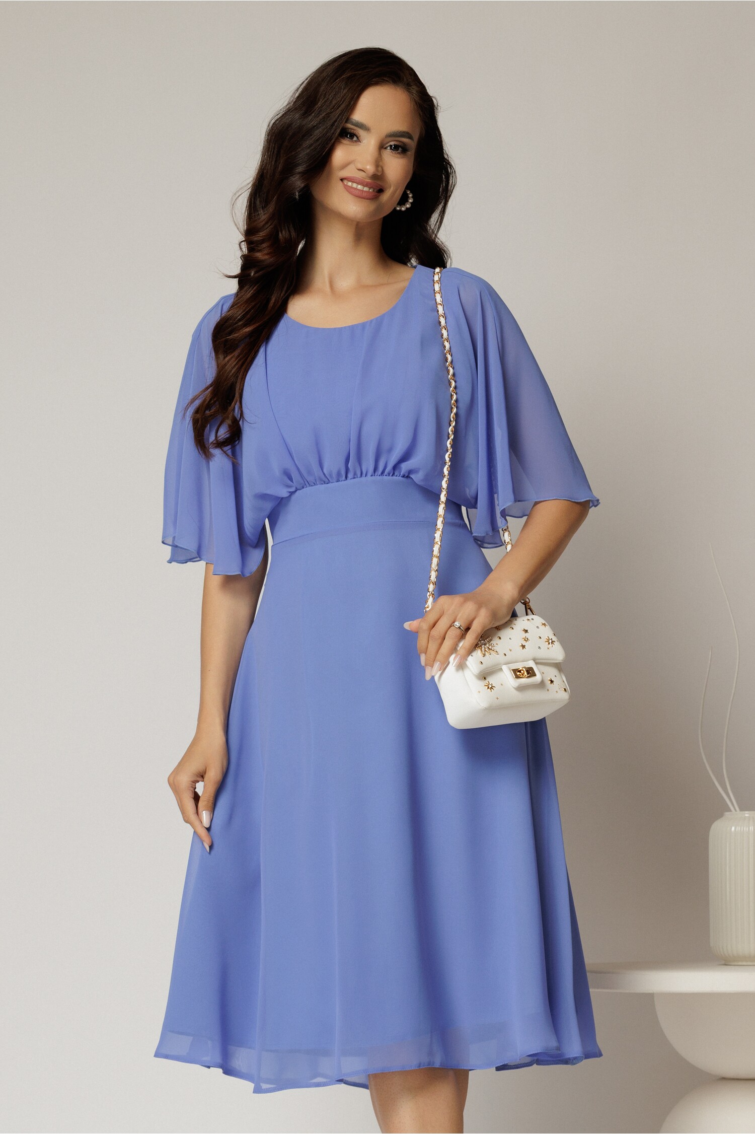 Rochie Midi Bleu din Voal cu Pliuri la Bust