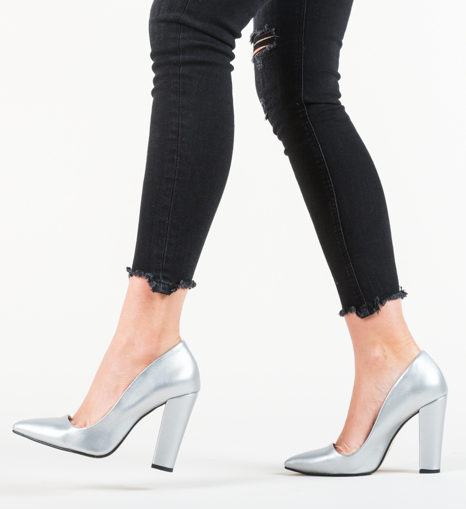 Pantofi Sunshine Argintii cu Toc Elegant - imagine 2