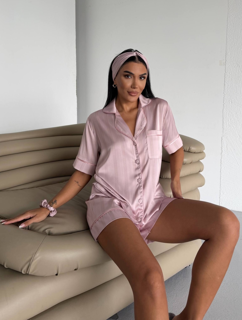 Pijama 2 piese Delis Satin Roz Pudrat - imagine 3