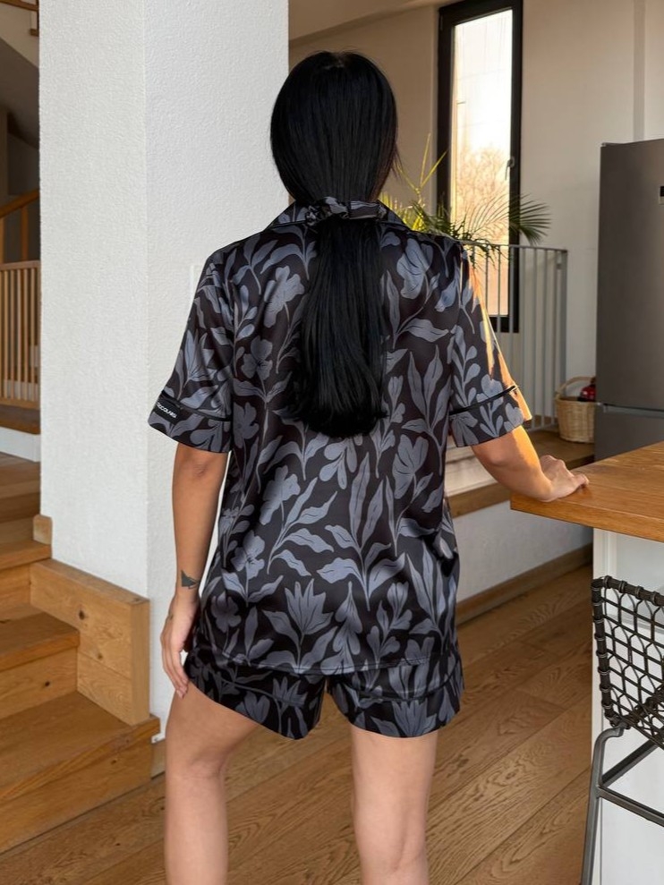 Pijama 2 piese Delis, Noir Blossom, satin sidefat - imagine 4