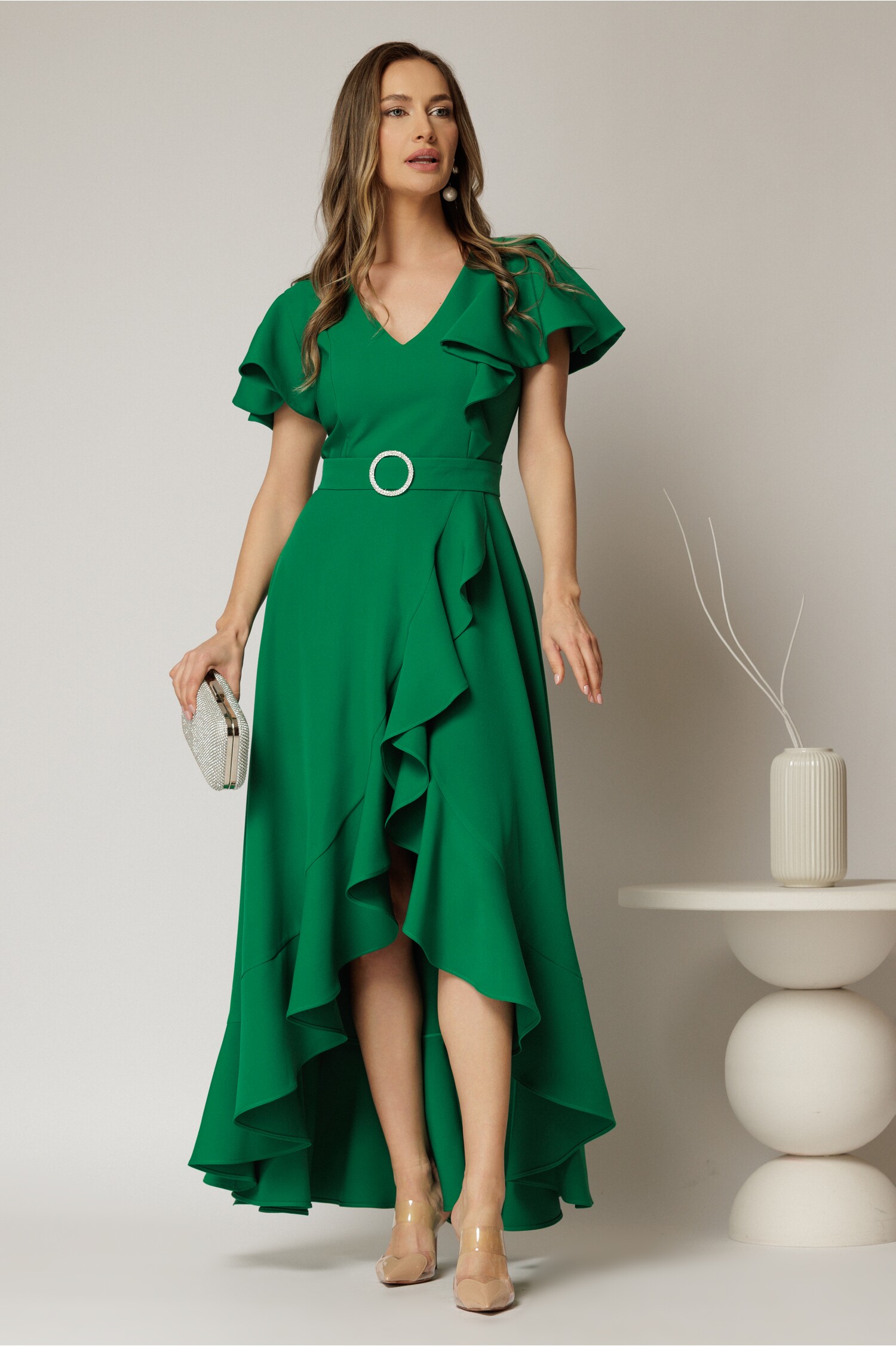 Rochie Verde Ocazie cu Volane si Cordon Eleganta