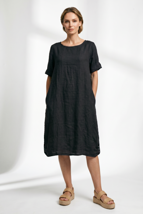 Rochie midi din in cu croiala lejera si prinderi laterale, neagra