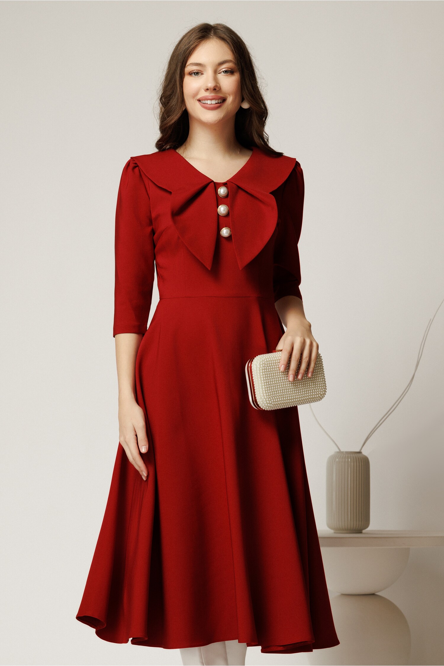 Rochie Ocazie Bordo Clos cu Guler Maxi | Eleganță