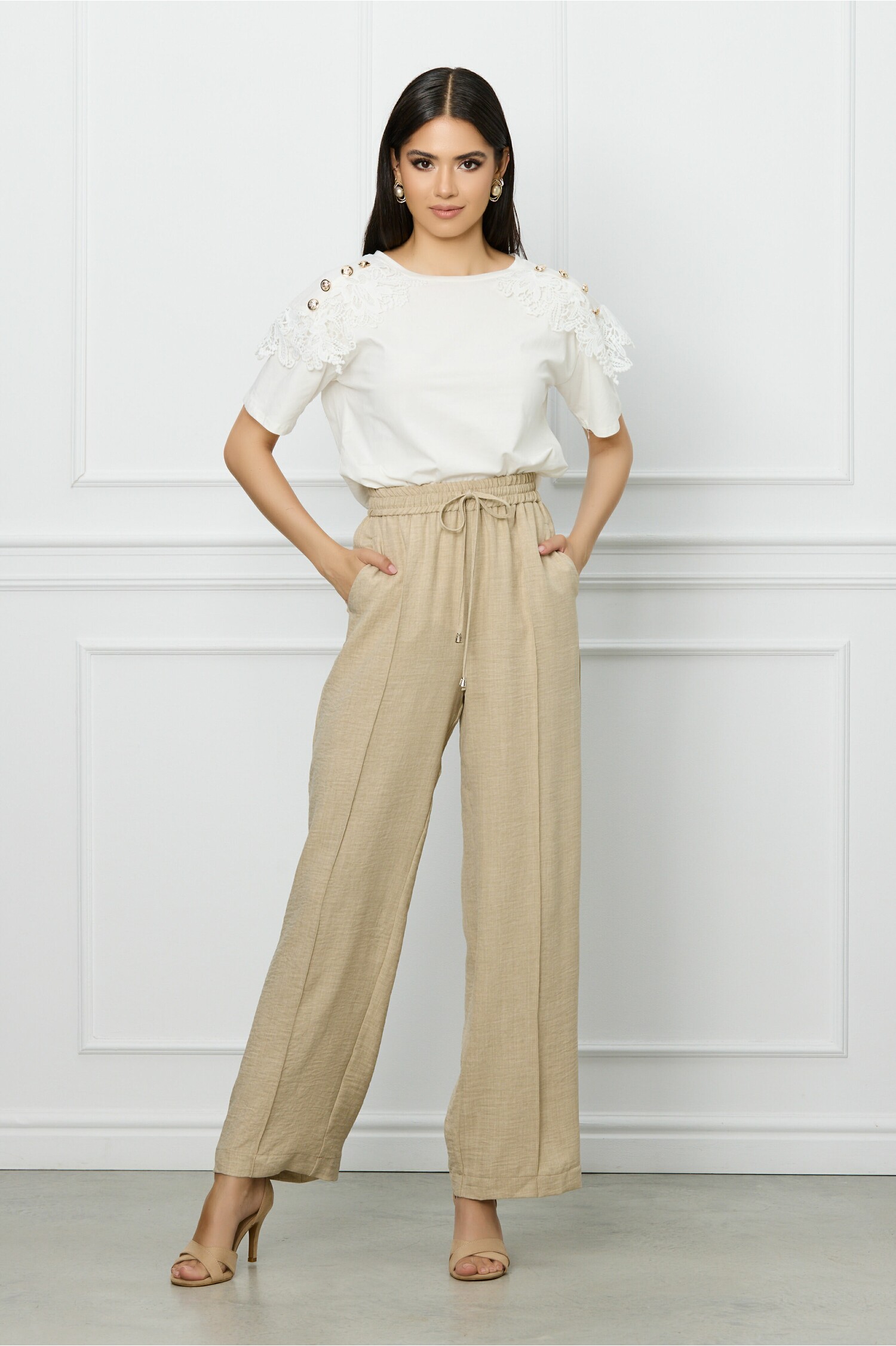 Pantaloni LaDonna Bej Lejeri cu Talie Înaltă