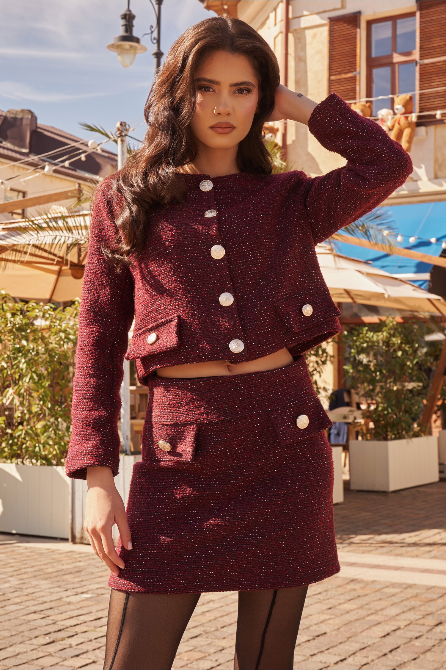 Fustă Tweed Bordo Elegantă cu Inserții Lurex