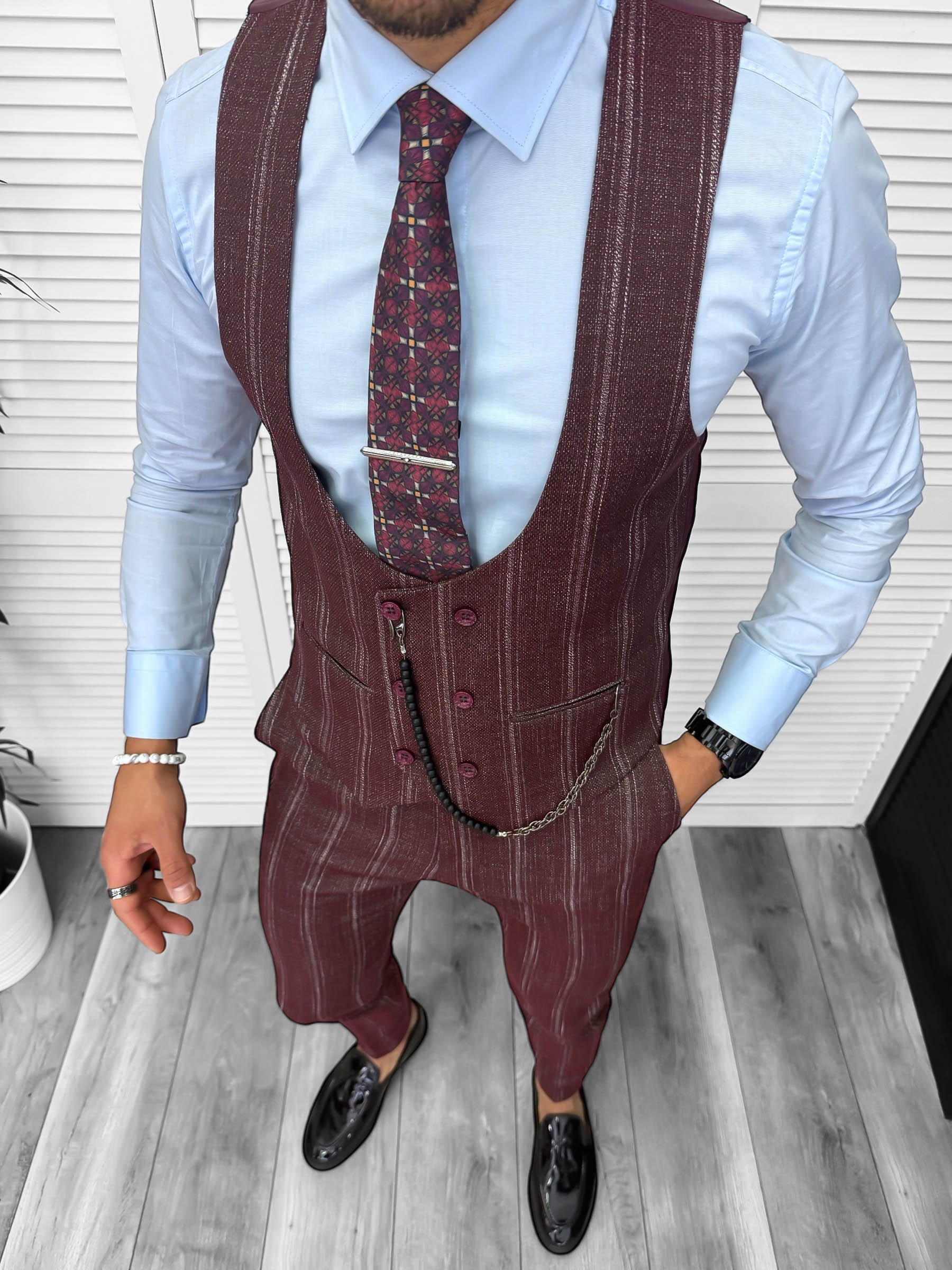 Compleu Barbati Vesta + Pantaloni Grena Elegant