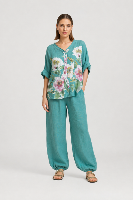 Pantaloni de vara, din in, croi balon, cu elastic la glezna, siret in talie, turcoaz deschis