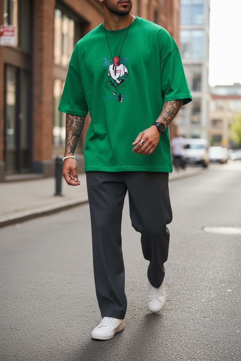 Tricou Barbati Oversize Verde cu Imprimeu Spate - imagine 2