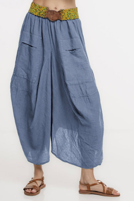 Pantaloni Tip Salvari din In, Asimetrici, Albastru Jeans - Shopika