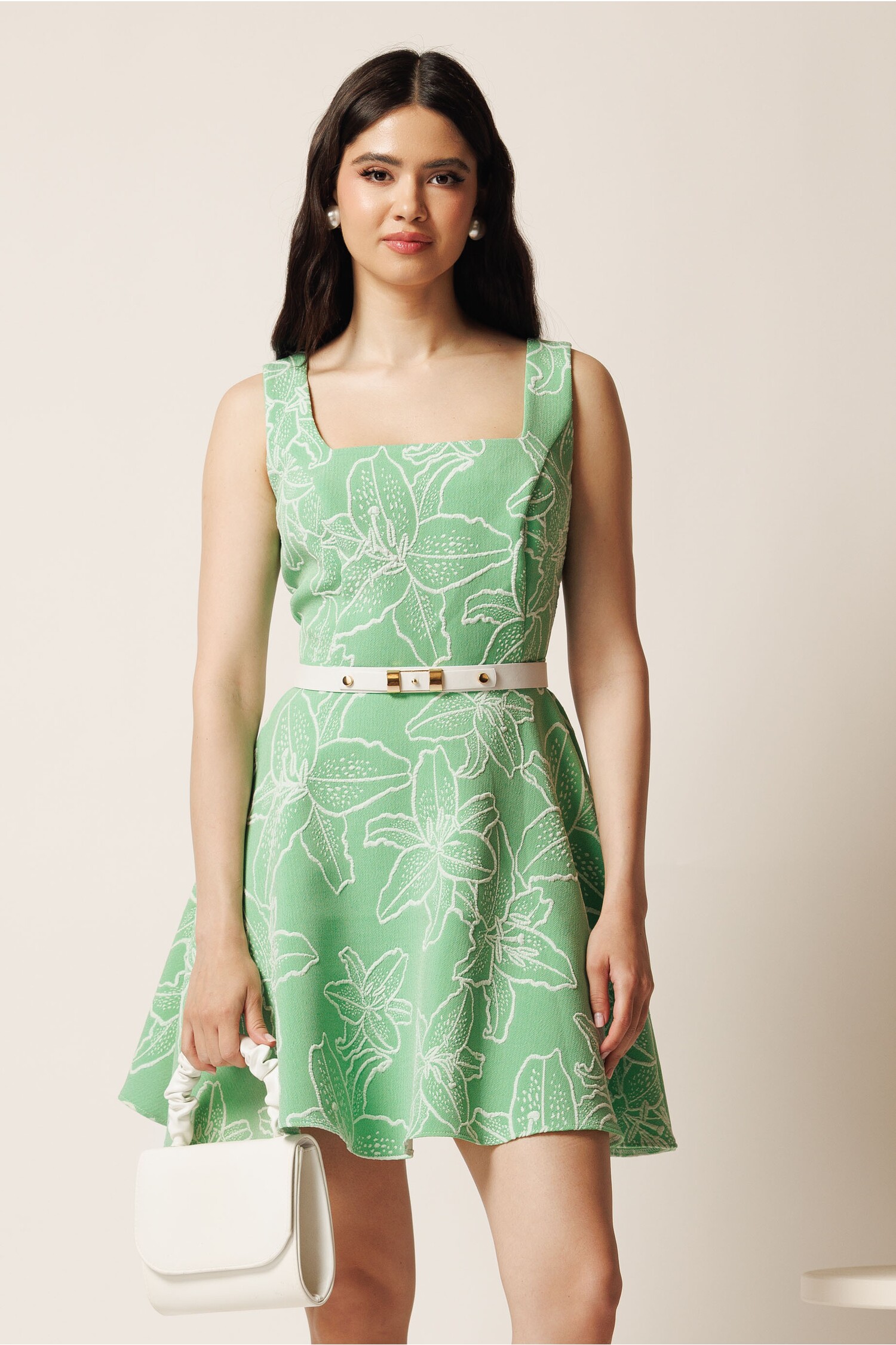 Rochie Verde Floral 3D cu Curea | Rochii Scurte