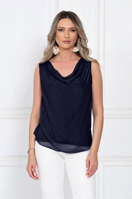 Top dama elegant lejer cu decolteu drapat si croi fluid, bleumarin