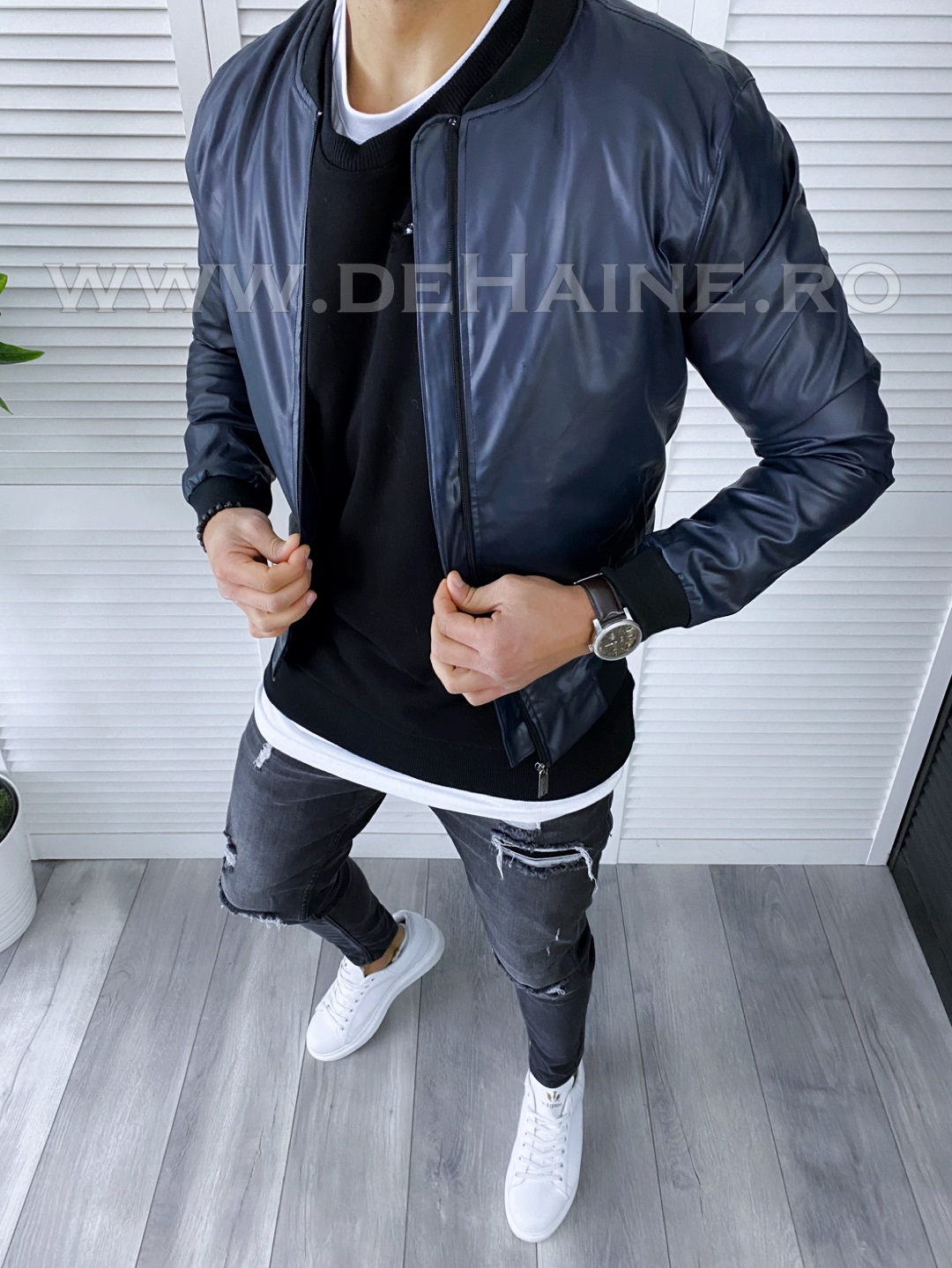 Geaca Piele Barbati Bleumarin Slim Fit