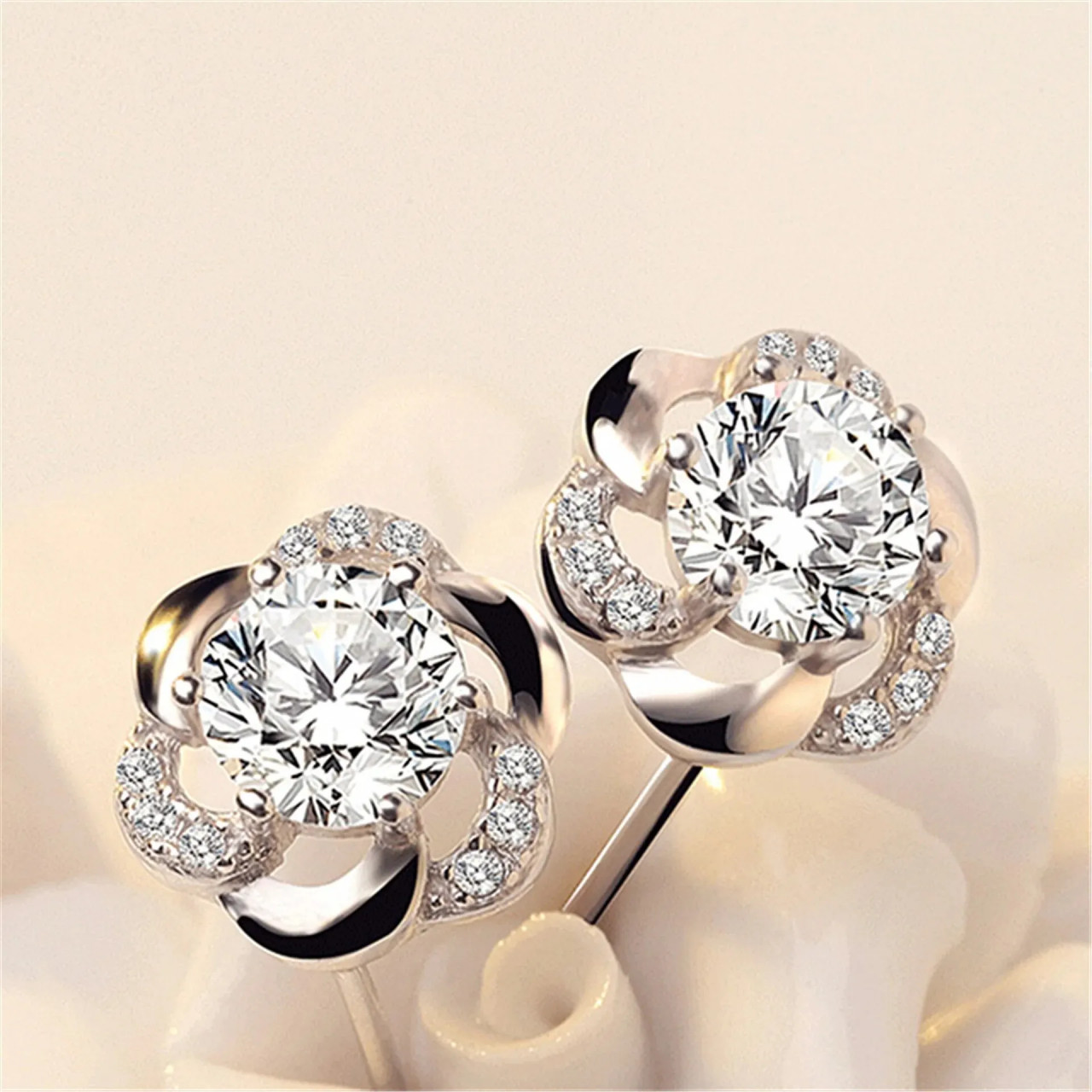 Cercei argint 925 floare cu zirconiu, placati rodiu Amanda - imagine 4