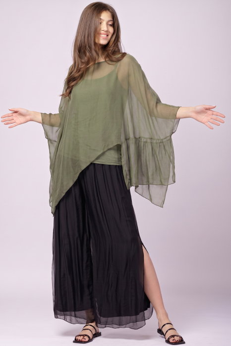 Bluza asimetrica din matase naturala si vascoza tip poncho, kaki