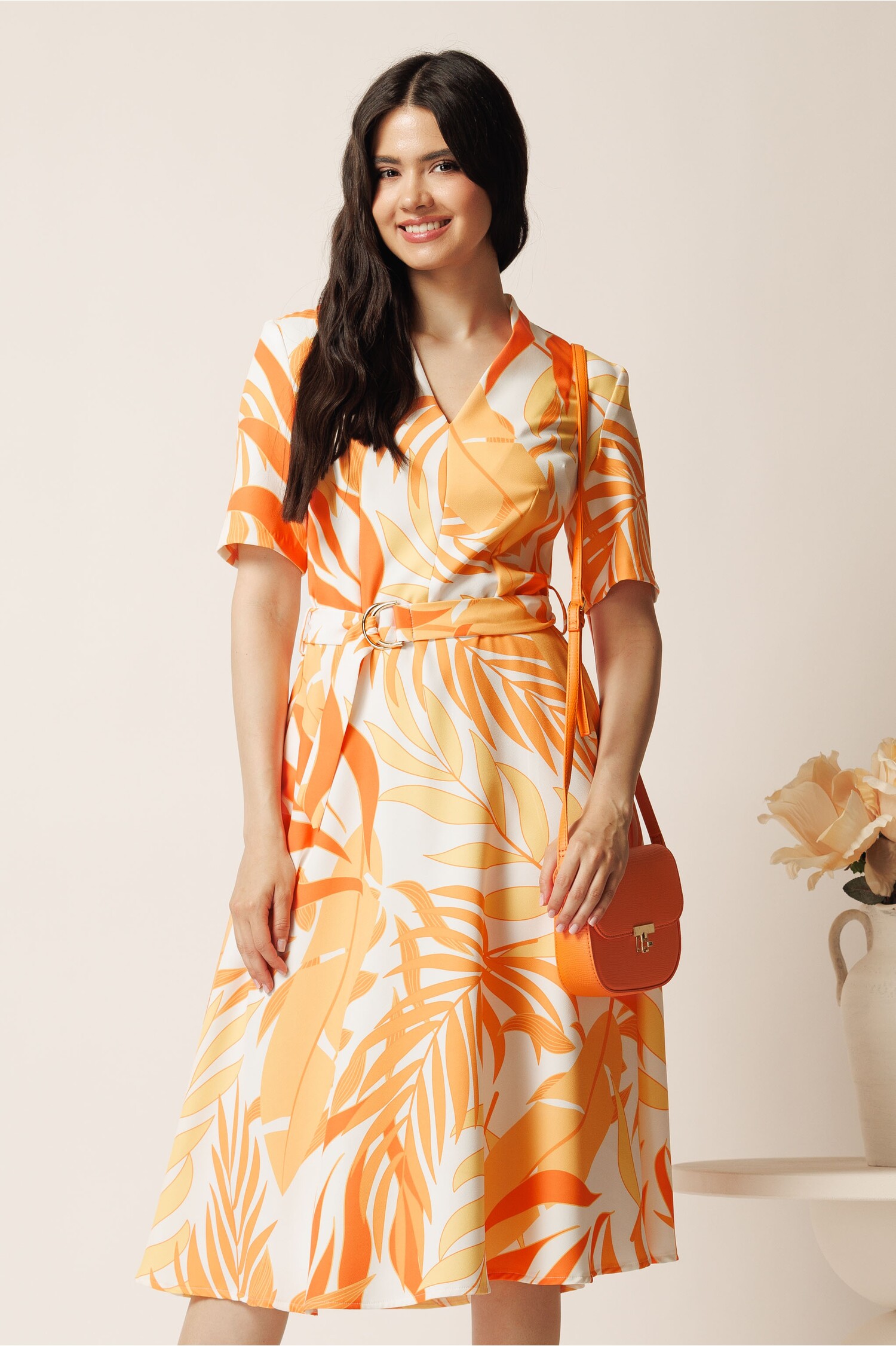 Rochie Midi Eleganta cu Imprimeu si Cordon