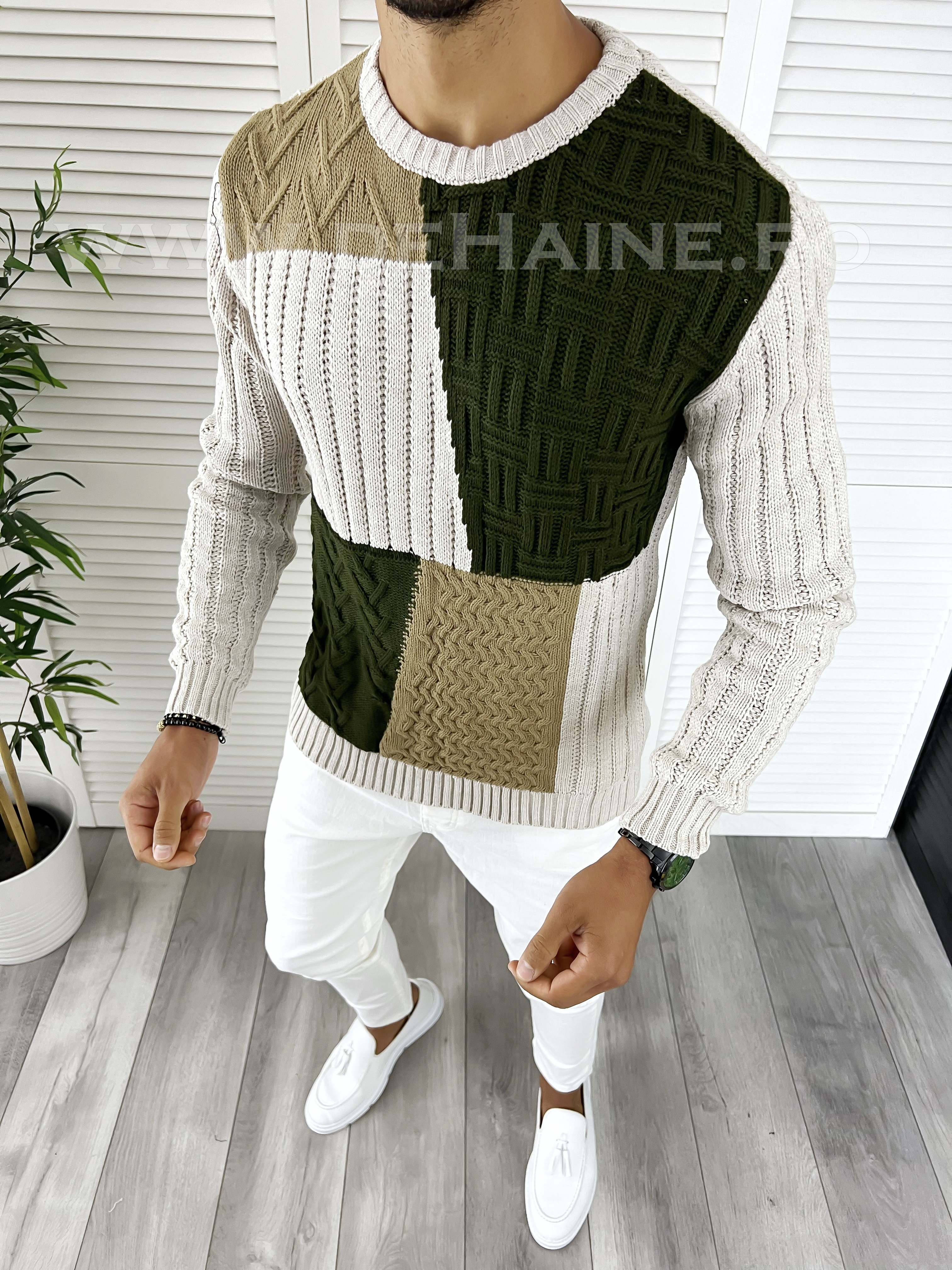 Pulover Barbati Gros Slim Fit Bej Elegance - imagine 1