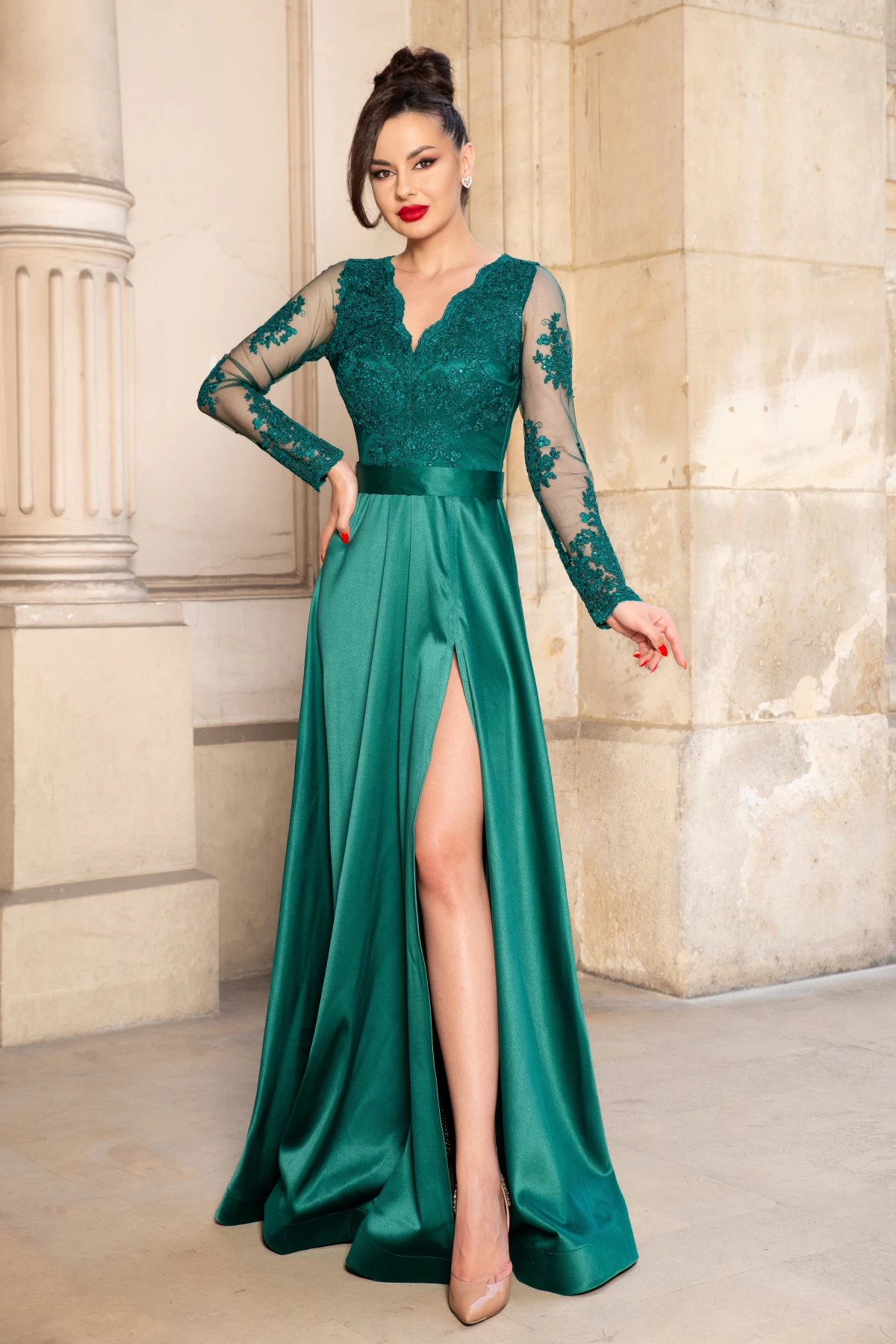 Rochie de seara Chanttal verde din tafta cu dantela - imagine 2
