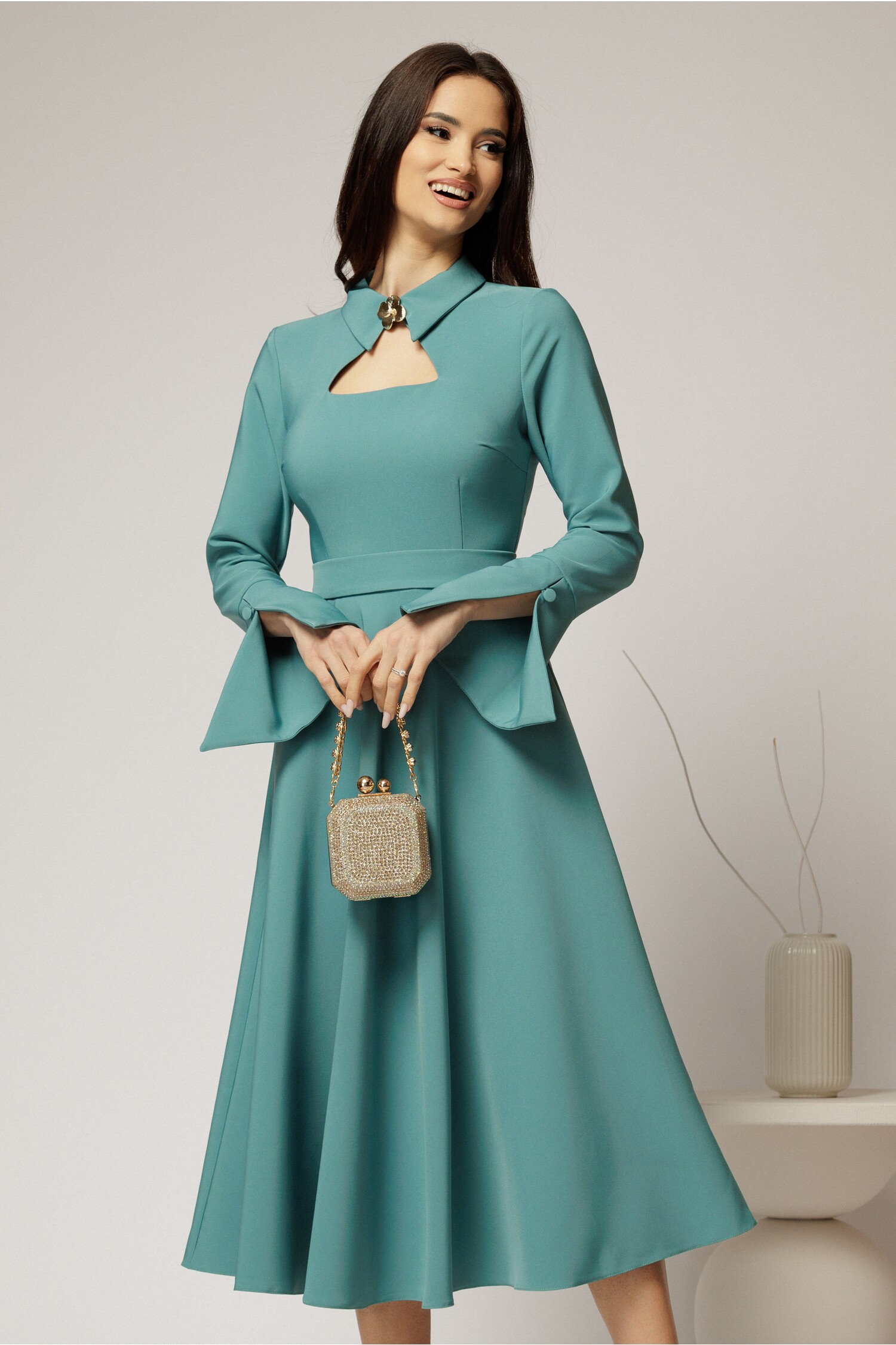 Rochie Midi Bleu Clos cu Guler și Cordon Detasabil