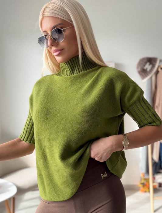 Pulover versatil cu maneci scurte ribbed si guler inalt, din vascoza, verde oliv
