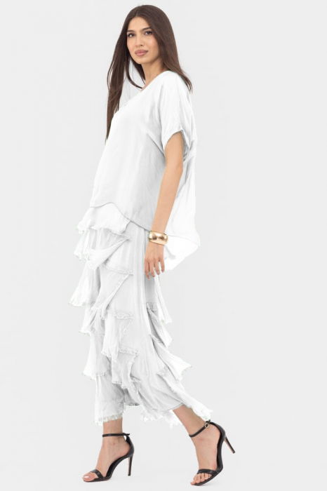 Rochie Alba Eleganta cu Volane | Shopika