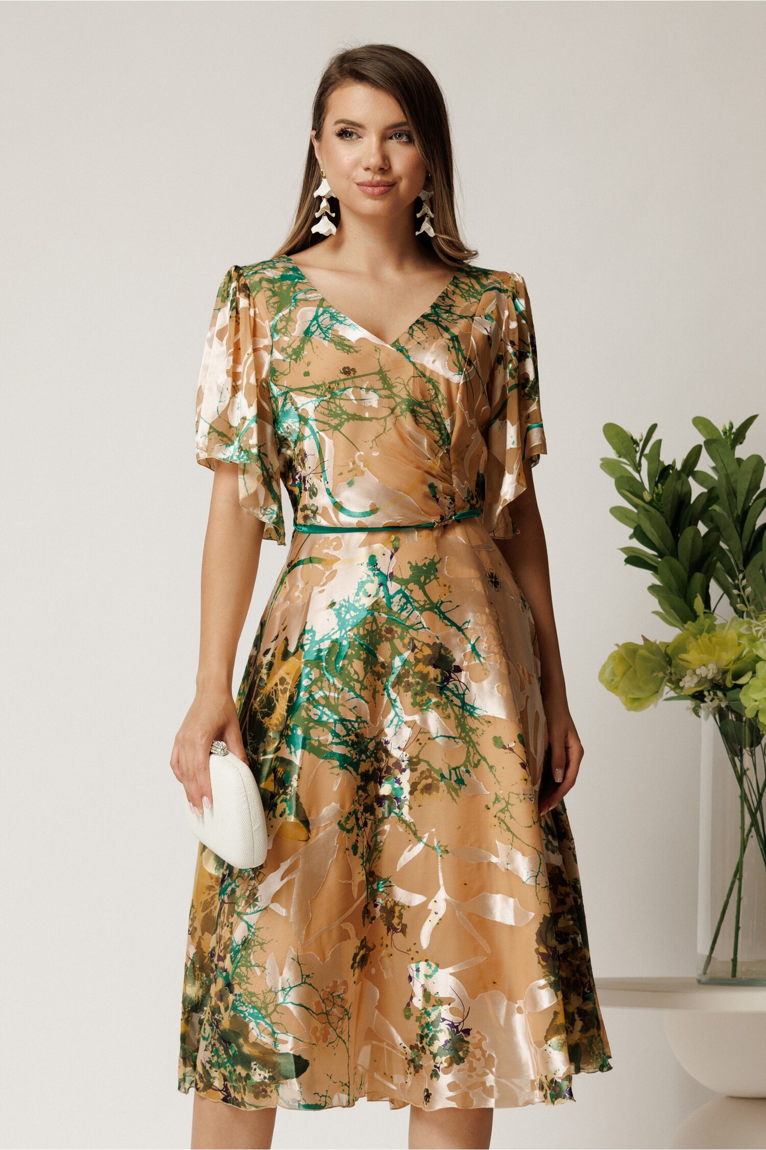 Rochie Midi Matase cu Imprimeuri Verzi Eleganta