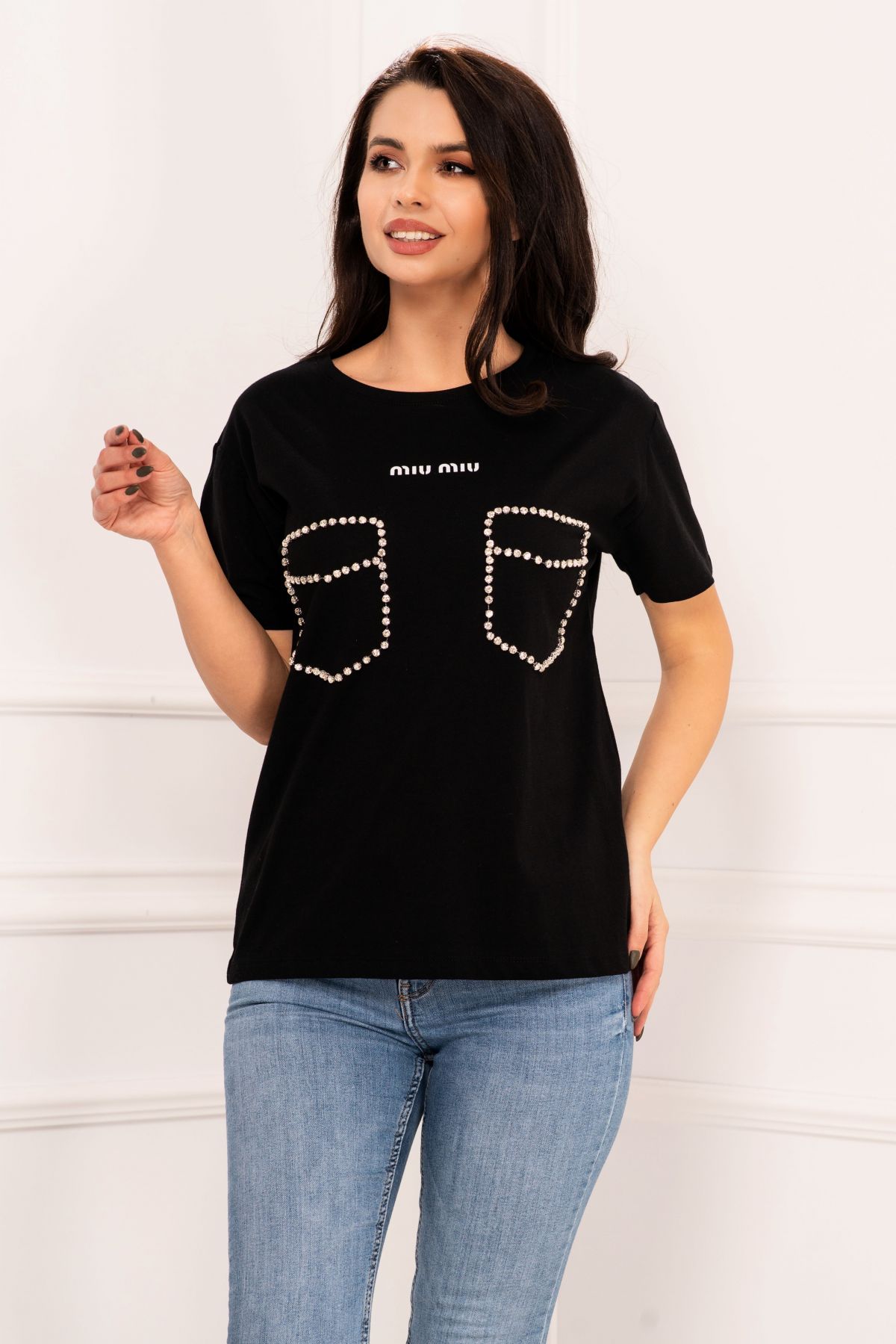 Tricou Inpuff Black cu Strass - Eleganță Casual