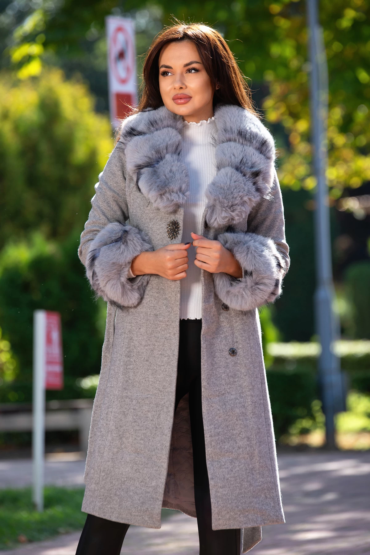 Palton Gri cu Blana Detasabila | Patricia