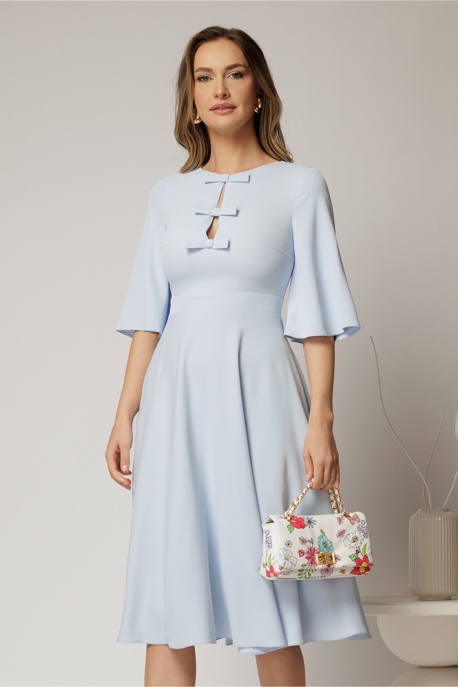 Rochie DY Fashion Midi Bleu cu Maneci Evazate