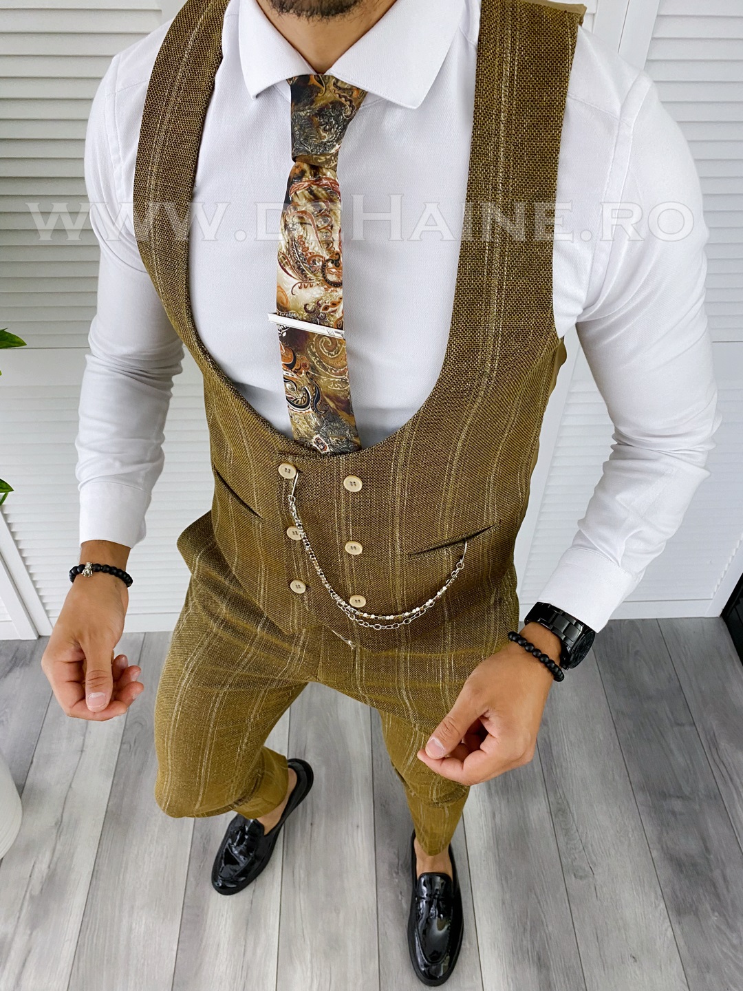 Compleu Elegant Barbati Vesta si Pantaloni Mustar