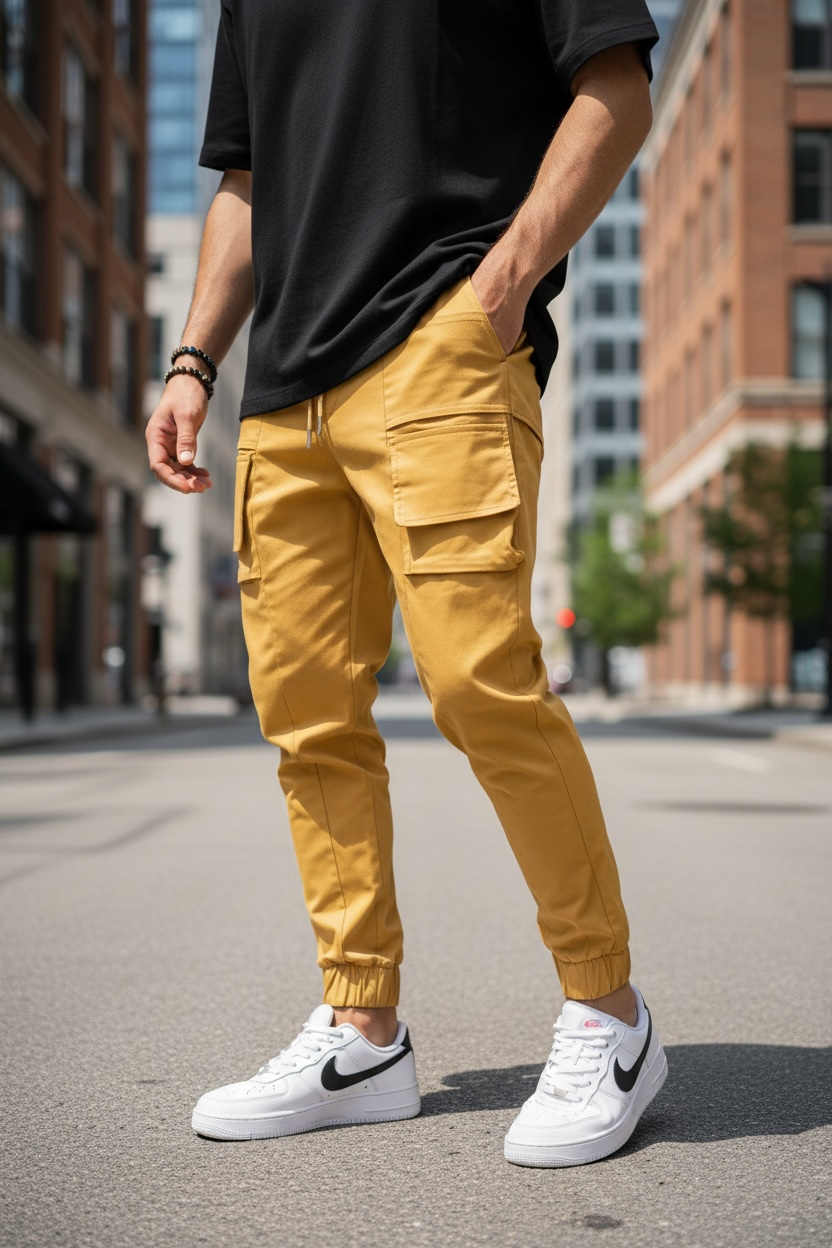 Pantaloni Barbati Casual Mustar | Bumbac Elastan