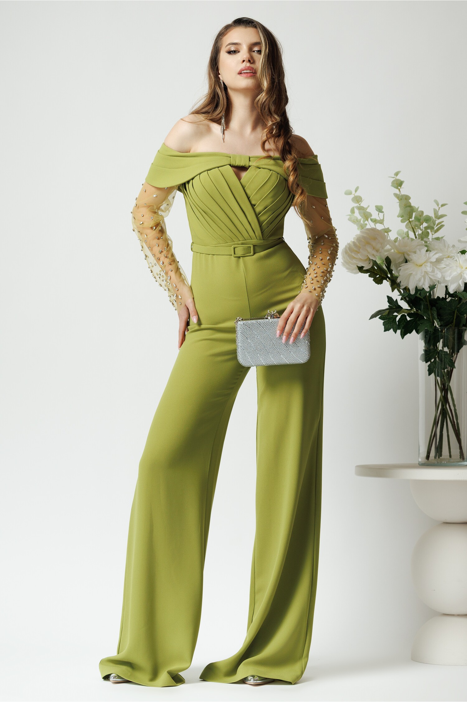 Salopeta Crep Verde cu Tull Strasuri - Eleganță