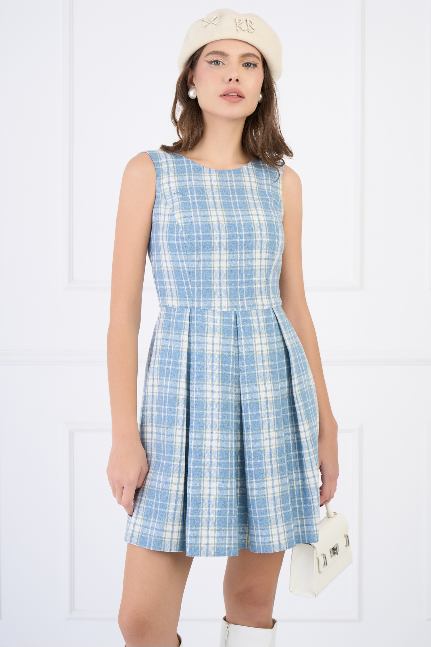 Rochie Sarafan din Lână Bleu cu Carouri