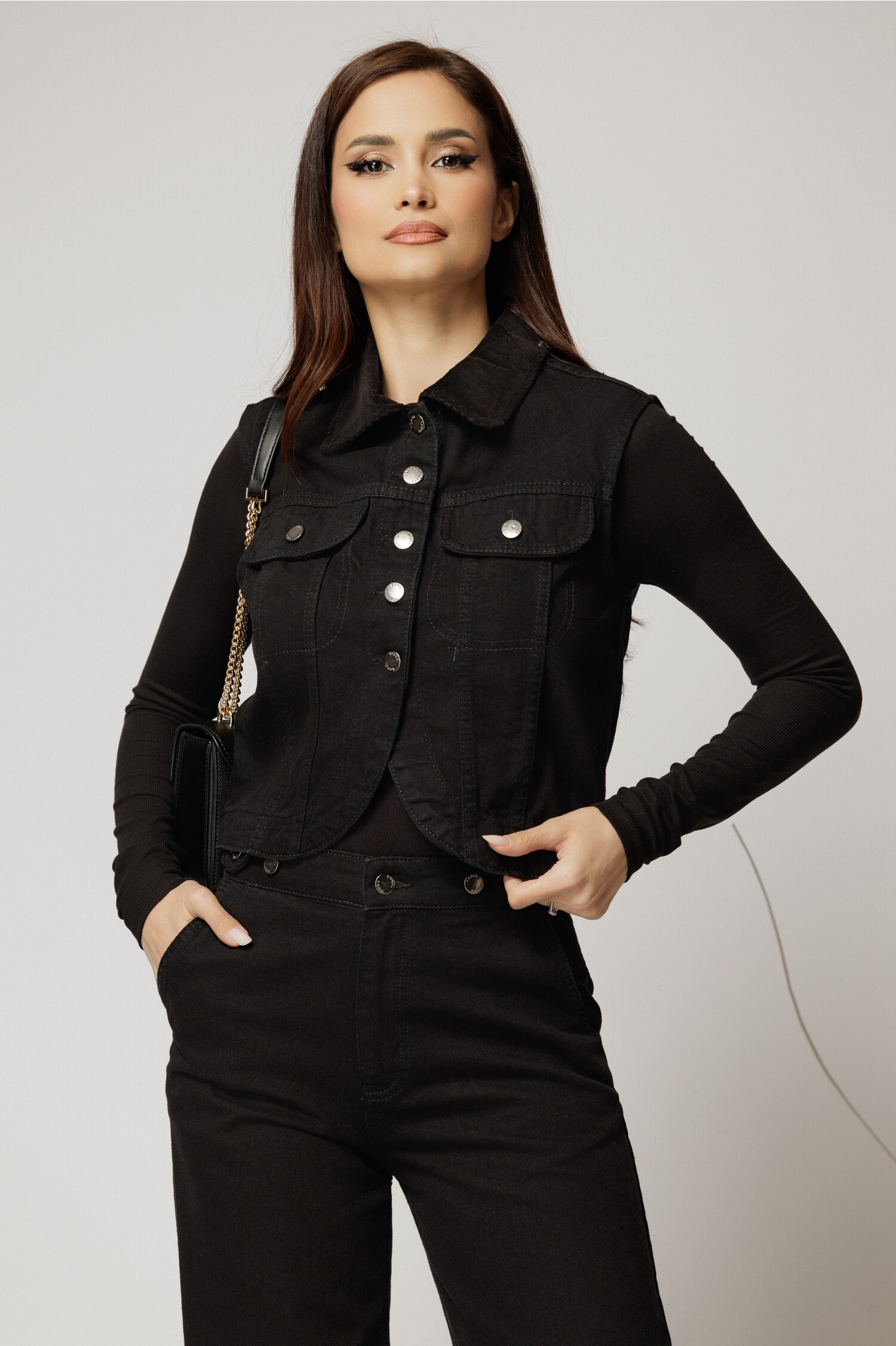 Vesta neagra denim cu guler | Casual si Elegant