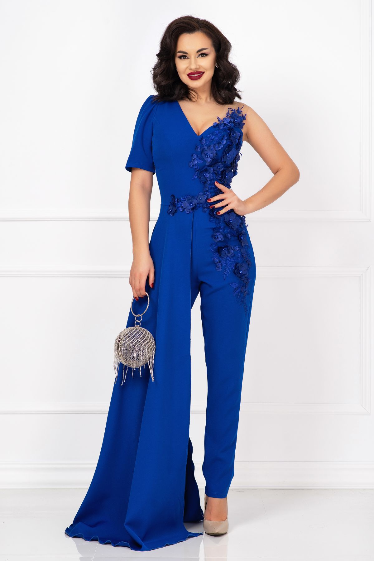 Salopeta Chanttal albastru cu flori 3D